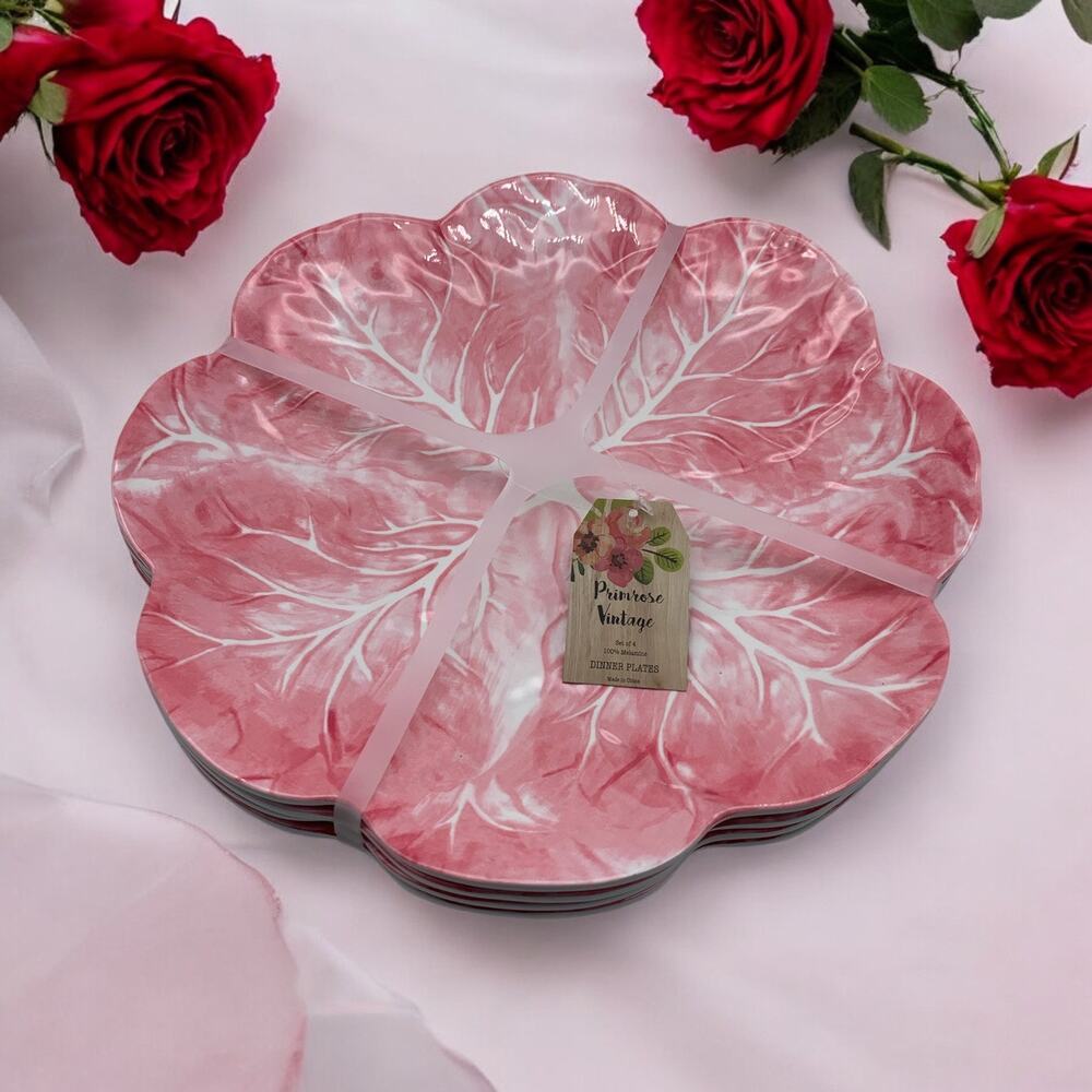 NEW Primrose Vintage Melamine Pink Lettuce Cabbage Leaf Plates 11" Size Set of 4
